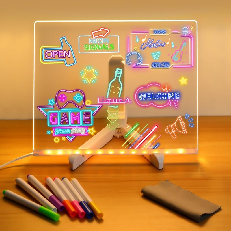 Niaoyun LED Note Board with Colors, Light Up Acrylic Message Board, Glowing Acrylic Dry Erase Board with Light, Led Drawing Board with Stand, 7 Markers (Medium 7.9 * 7.9 inches) - Image 1